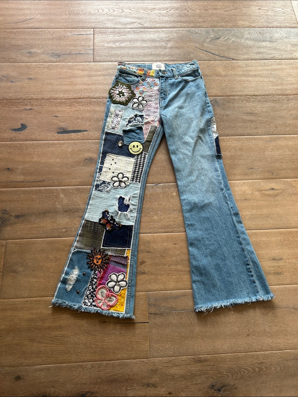 BDG Light Blue Flare Jeans with Colorful Patchwork & Embroidery